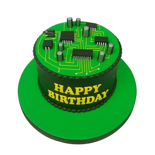 Round green birthday cake with edible circuit board design, microchips, and 'Happy Birthday' text.