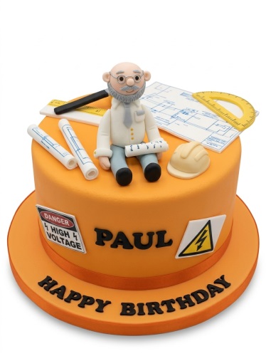 Orange construction theme birthday cake with fondant figure, blueprints, tools, and custom message.