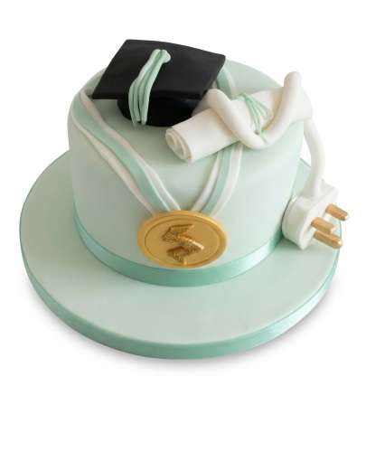 Round mint green graduation cake with black cap, white diploma, gold lightning bolt medal, and white electrical plug.