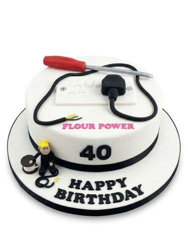 White round cake with electrician theme, featuring a plug, socket, screwdriver, and a small electrician figure.