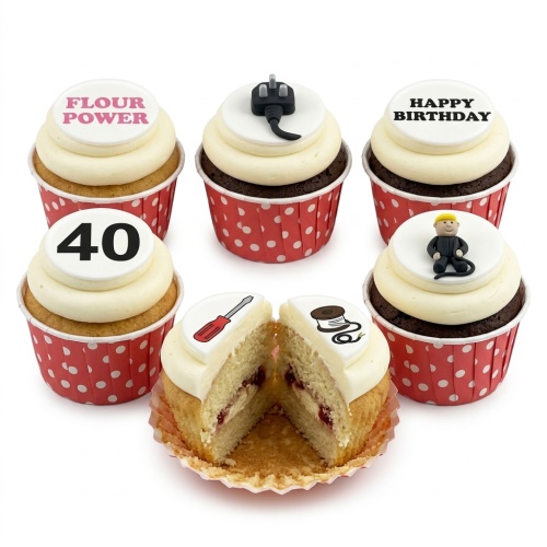 Tradesman themed cupcakes with plug, screwdriver, hard hat figure, and custom age topper.