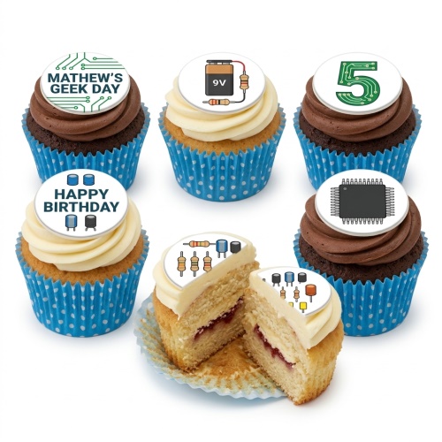 A set of six cupcakes with electronics and circuit board themed edible toppers, including a custom age and birthday message.