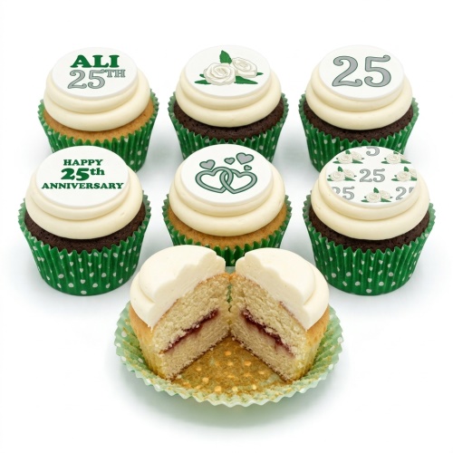 Anniversary cupcakes with white frosting, green polka dot cases, and customisable toppers featuring roses, hearts, and anniversary messages.