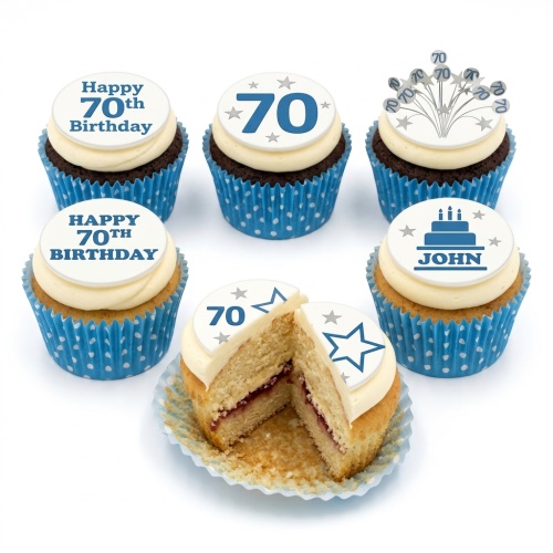 Set of six 70th birthday cupcakes with blue and white edible toppers, featuring the number 70, stars, and a personalised name 'JOHN'.