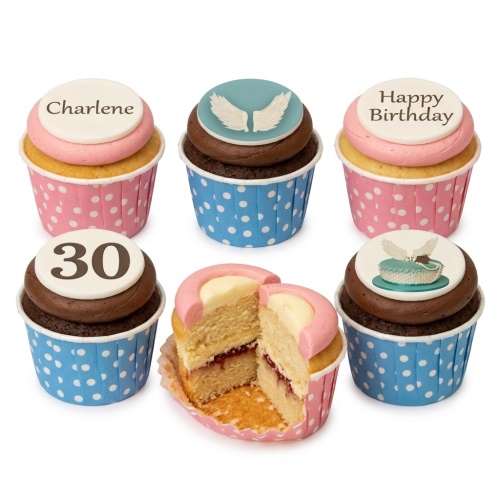 Six elegant birthday cupcakes with custom name, age, Happy Birthday, angel wings, and tiara toppers.