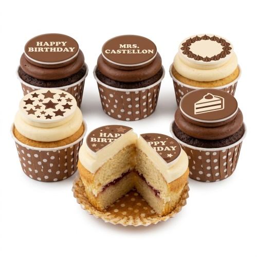 Classic brown and cream birthday cupcakes with custom message and star toppers