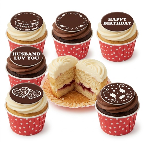 Assorted cupcakes with chocolate and vanilla frosting, red polka dot wrappers, and customisable chocolate disc toppers.