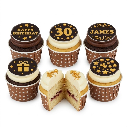 Six birthday cupcakes with gold stars, gift box, and custom age/name toppers.