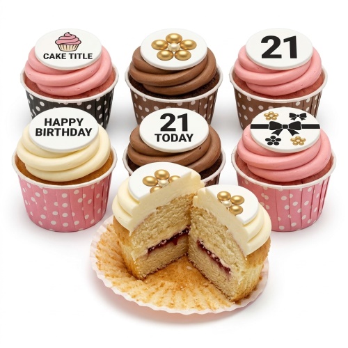 Assortment of birthday cupcakes with pink and chocolate frosting, gold pearl decorations, and custom age/message toppers.