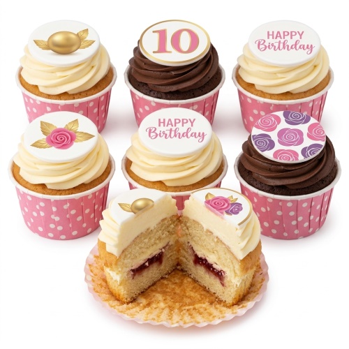 A collection of floral and birthday themed cupcakes with white and chocolate frosting, pink polka dot wrappers, and various toppers including a gold orb, pink rose, rose pattern, and a "Happy Birthday" message.