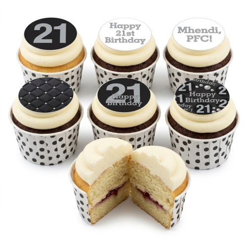 Black and silver birthday cupcakes with custom age 21 toppers, quilted design, and 'Happy Birthday' messages.