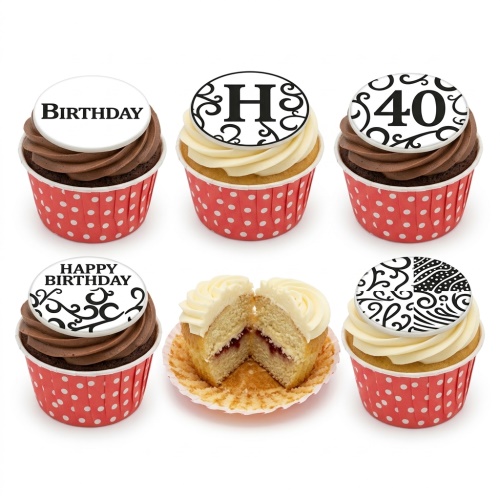 Birthday cupcakes with chocolate and vanilla frosting, red polka dot wrappers, and customisable black and white toppers.