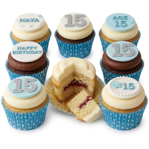 Assortment of birthday cupcakes with white and blue frosting, silver glitter custom age toppers, and personalised name and message examples.