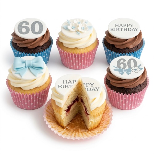 Assorted birthday cupcakes with floral, bow, and custom age toppers, in pink and blue cases.