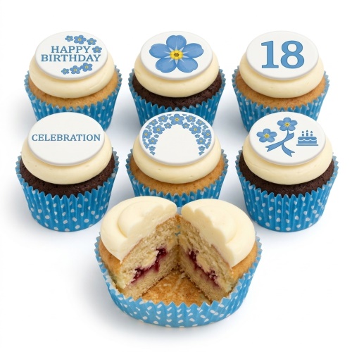 Six cupcakes with white icing, blue forget-me-not floral toppers, and blue polka dot wrappers.