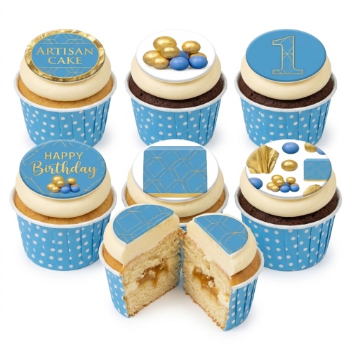 Blue and gold geometric birthday cupcakes with custom age topper and 'Happy Birthday' message.