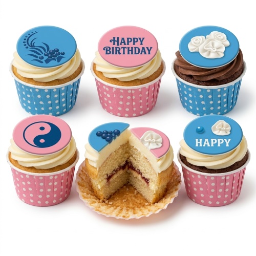 Set of six pink and blue birthday cupcakes with various decorative toppers including floral, blueberries, and 'Happy Birthday' message.