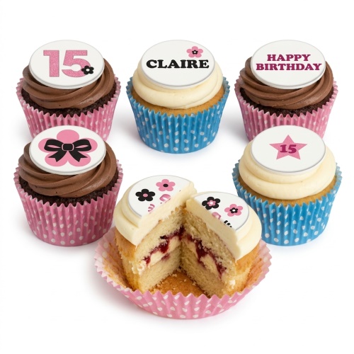 Six cupcakes with pink and black floral toppers, some with custom age and message examples, in pink and blue cases.