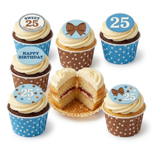 Birthday cupcakes with custom age toppers, bow decorations, and polka dot wrappers in blue and brown.
