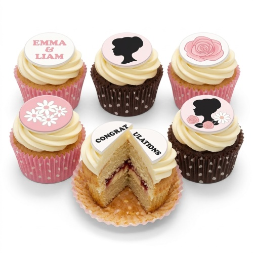 Six cupcakes with white frosting, pink and white cases, featuring floral, female silhouette, and 'CONGRATULATIONS' toppers.