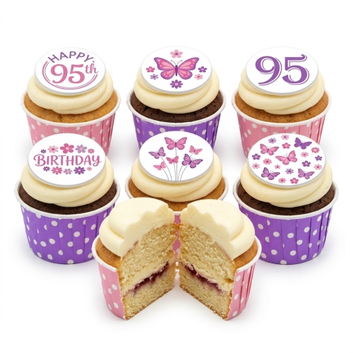 Seven cupcakes with white frosting, pink and purple butterfly and floral toppers, and custom age/birthday messages.