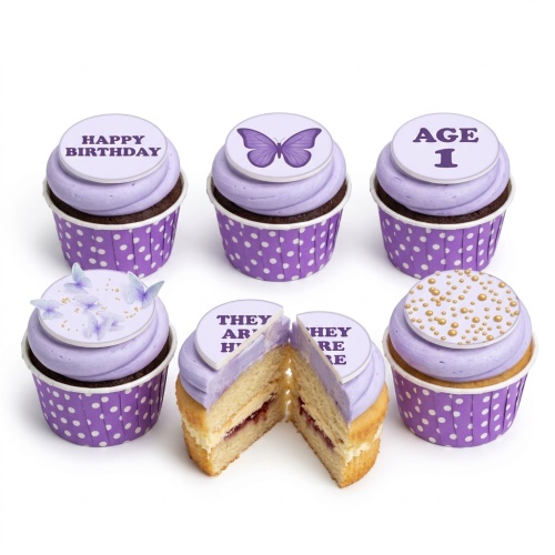 Purple cupcakes with butterfly toppers, 'Happy Birthday' message, and custom age topper.
