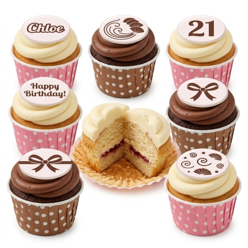 Assortment of personalised birthday cupcakes with custom age, name, and decorative toppers.