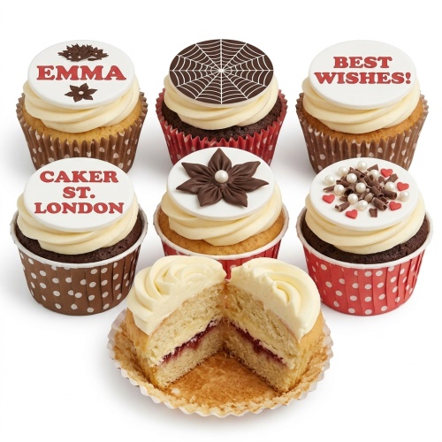 Variety of personalised cupcakes with custom toppers, including spiderweb, floral, and sprinkles.