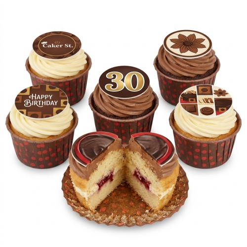 Chocolate and vanilla cupcakes with various brown and gold birthday toppers, including a custom age.