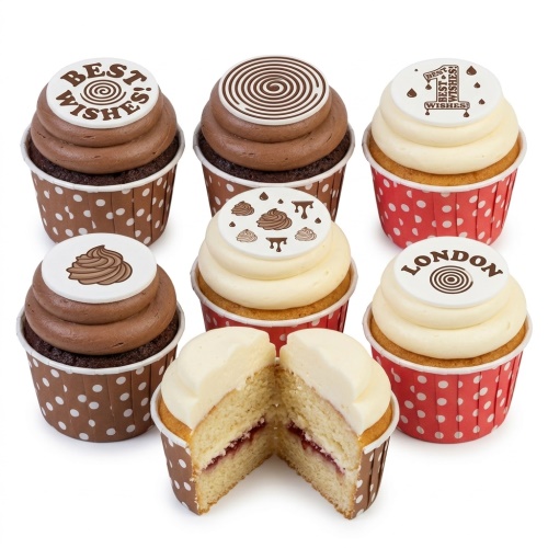 Assortment of chocolate and vanilla cupcakes with 'Best Wishes' and 'London' edible toppers.