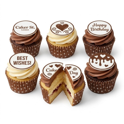 Assortment of chocolate and vanilla cupcakes with white toppers featuring hearts and messages like 'Happy Birthday' and 'Best Wishes'.
