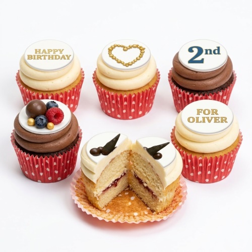 Assorted birthday cupcakes with custom age, name, and decorative toppers.