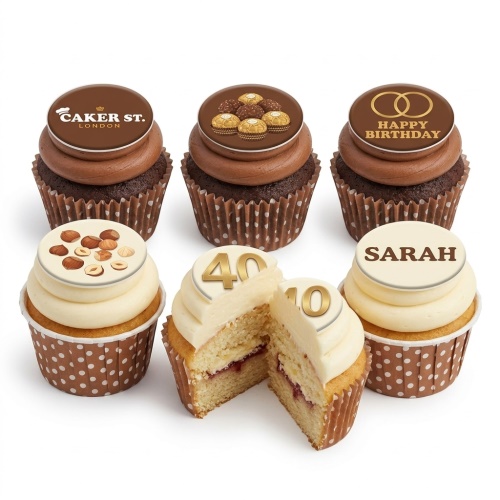 Set of gourmet birthday cupcakes with custom age, name, and chocolate-themed toppers.
