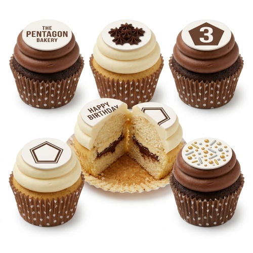 Assorted birthday cupcakes with customisable white toppers, including "Happy Birthday" message, star, pentagon, and sprinkles.