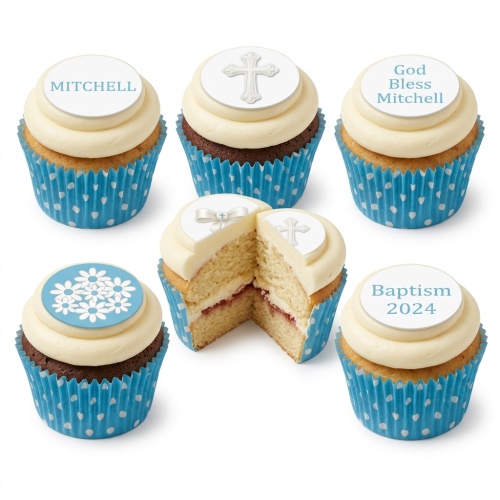 Vanilla and chocolate Christening cupcakes with white frosting, blue polka dot wrappers, and custom toppers featuring crosses, bows, flowers, and personalised messages.