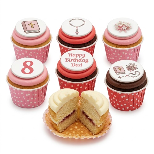 Set of customisable birthday cupcakes with religious, floral, and custom age/message toppers.