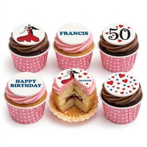 Elegant birthday cupcakes with dancing couple, hearts, stars, and custom age topper.