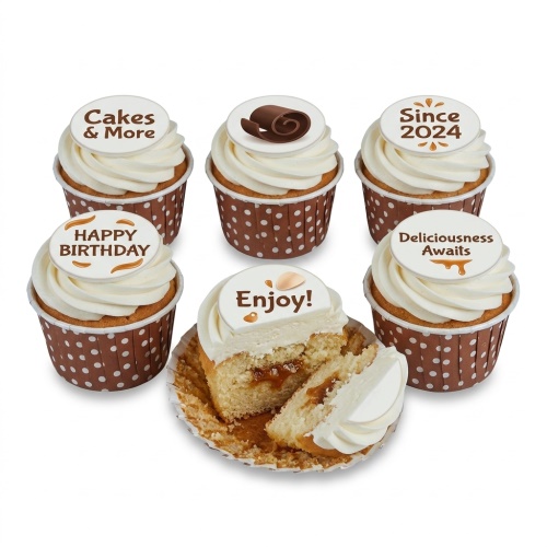 Set of birthday cupcakes with white frosting, brown polka dot cases, and custom message toppers including 'Happy Birthday'.