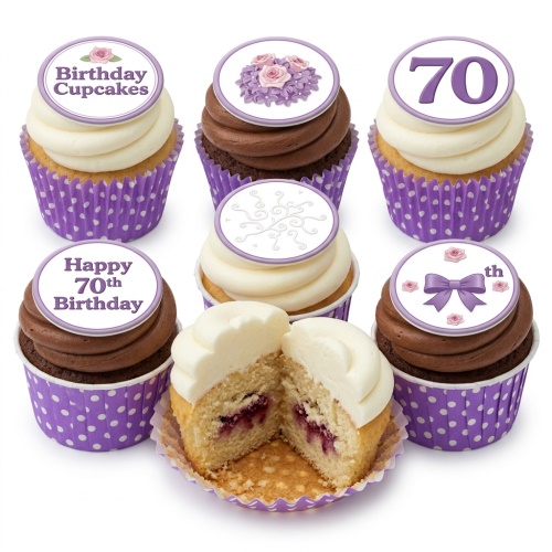 Cupcakes with white and chocolate frosting, purple polka dot wrappers, and edible toppers featuring floral designs, a purple bow, and a custom age option.