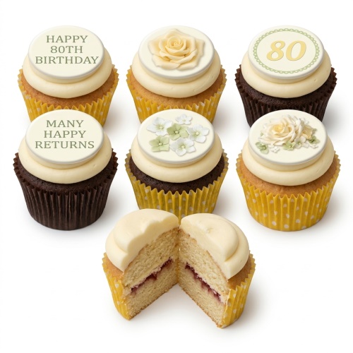 Assortment of elegant floral birthday cupcakes with cream frosting, yellow rose, green and white flowers, and custom age and message toppers.