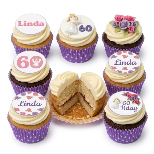 Assortment of ladies birthday cupcakes with custom age, personalised name, floral, and angel toppers.