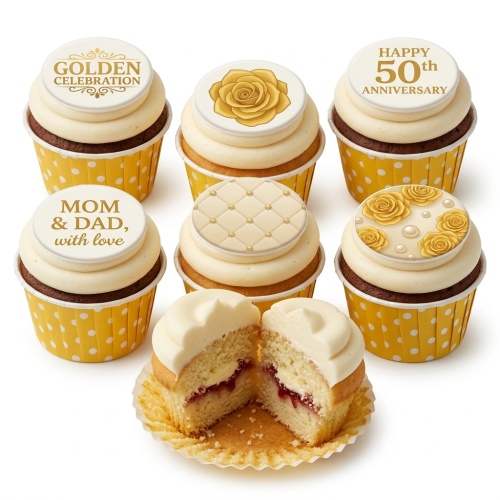 Golden 50th Anniversary cupcakes with roses, quilted pattern, and celebration messages.