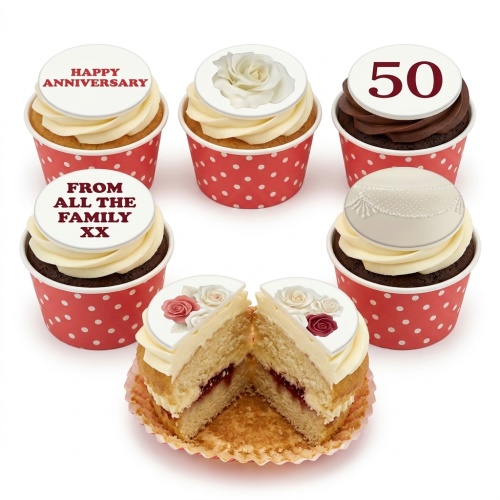 Elegant anniversary cupcakes with floral, lace, and custom message toppers, featuring red polka dot wrappers.
