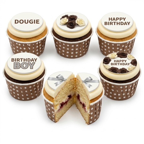 Six personalised birthday cupcakes with custom name, message, floral, and gift box toppers.