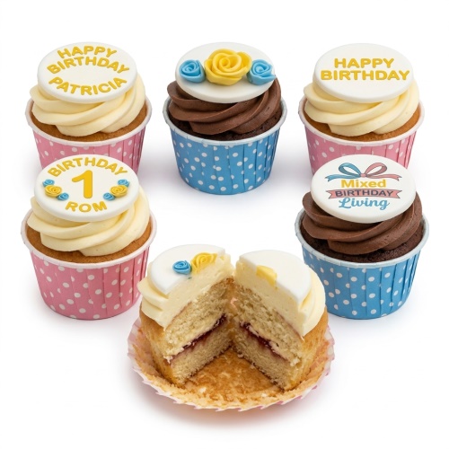Birthday cupcakes with vanilla and chocolate frosting, floral toppers, and custom messages.