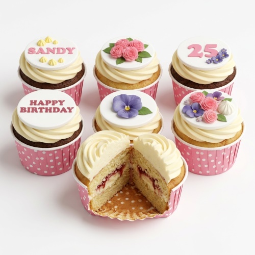 Six cupcakes with cream frosting, floral sugar decorations, and custom age/name/message toppers.