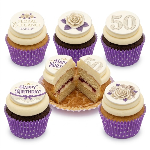 Set of elegant floral birthday cupcakes with cream frosting, purple polka dot wrappers, rose toppers, 'Happy Birthday!' message, and a '50' age topper.