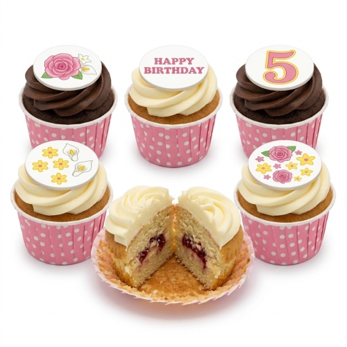 Assortment of floral birthday cupcakes with 'Happy Birthday' and number toppers in pink polka dot wrappers.