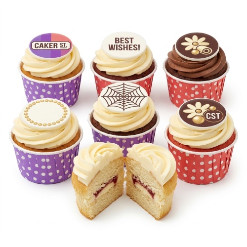 Six celebration cupcakes with white and chocolate frosting, featuring custom message, spiderweb, and floral toppers in polka dot wrappers.
