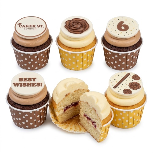 Assortment of personalised birthday cupcakes with chocolate and vanilla frosting, rose decorations, and custom age and message toppers.